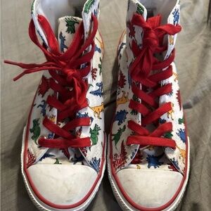 Converse Kids White High-Top Sneakers with Red Laces and Multicolor Dino Print